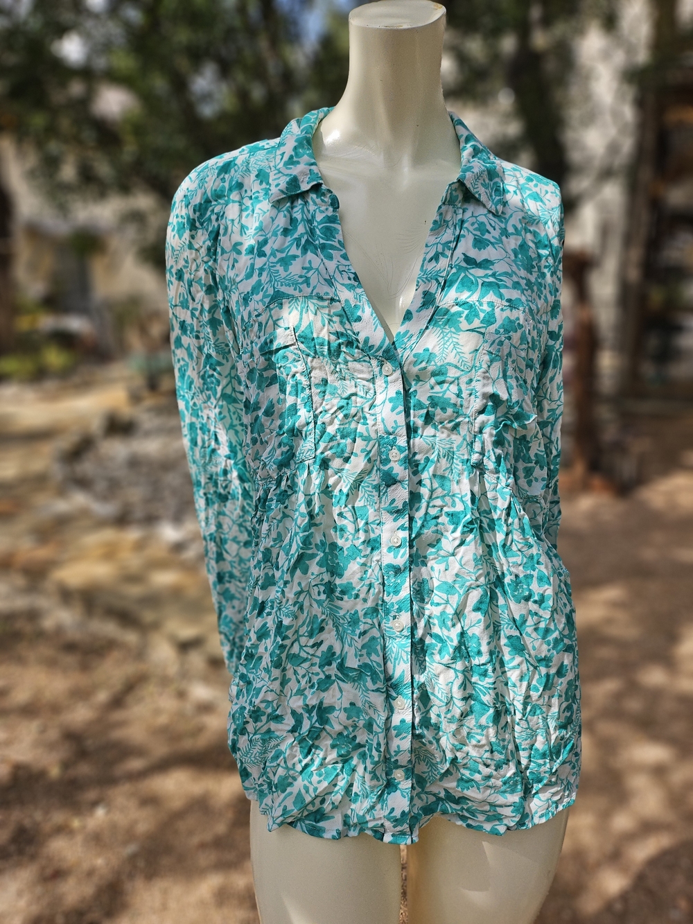 Maeve Teal And White Floral Rayon Button Front Blouse L